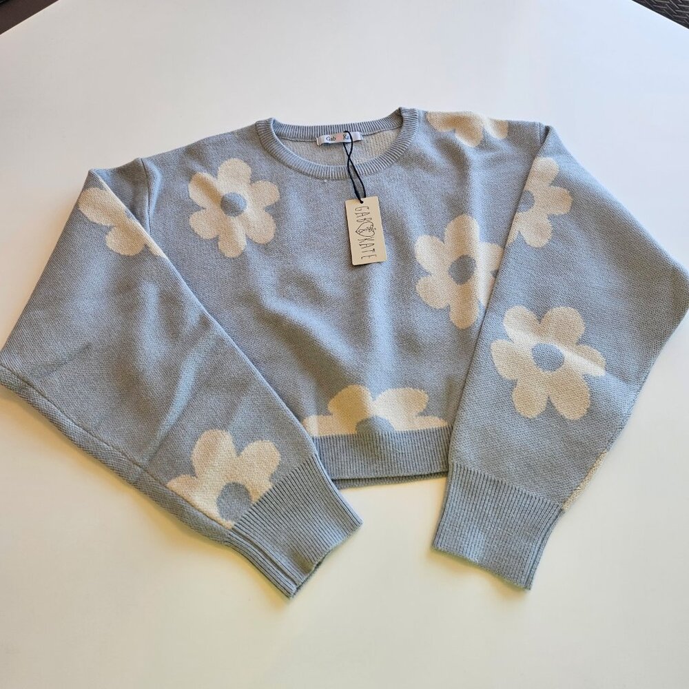 Cropped light blue knit sweater with bold floral print.  Size Small